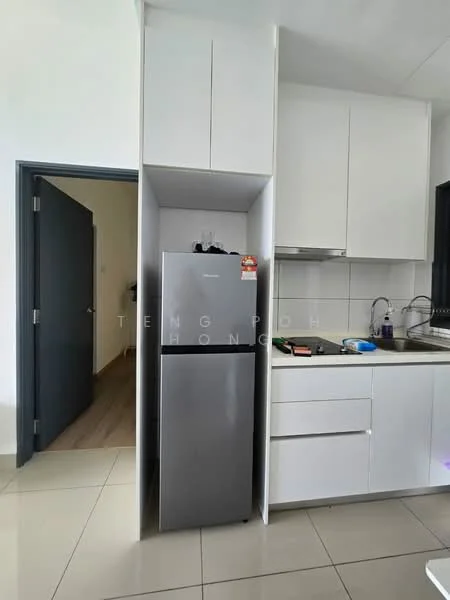 Kitchen features: stainless-steel fridge, white cabinetry, grey countertop, single-bowl stainless-steel sink, chrome pull-down faucet, ceramic tile flooring, wall-mounted cabinets, kitchen utensils on countertop; style: modern. Room features: door leading to another room, light-colored wall, wooden flooring.