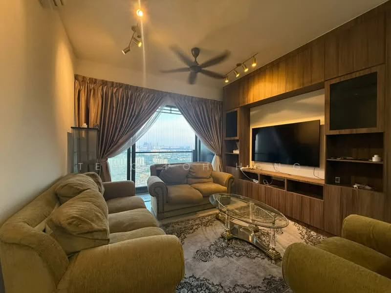 Living features: 3-seater fabric sofa in beige, 2-seater fabric sofa in beige, glass coffee table, area rug with intricate pattern, wall-mounted TV, built-in TV console with wood finish, floor-to-ceiling windows, curtains in beige, ceiling fan with light, recessed downlights, decorative wall paneling, city view; style: modern; view: city.