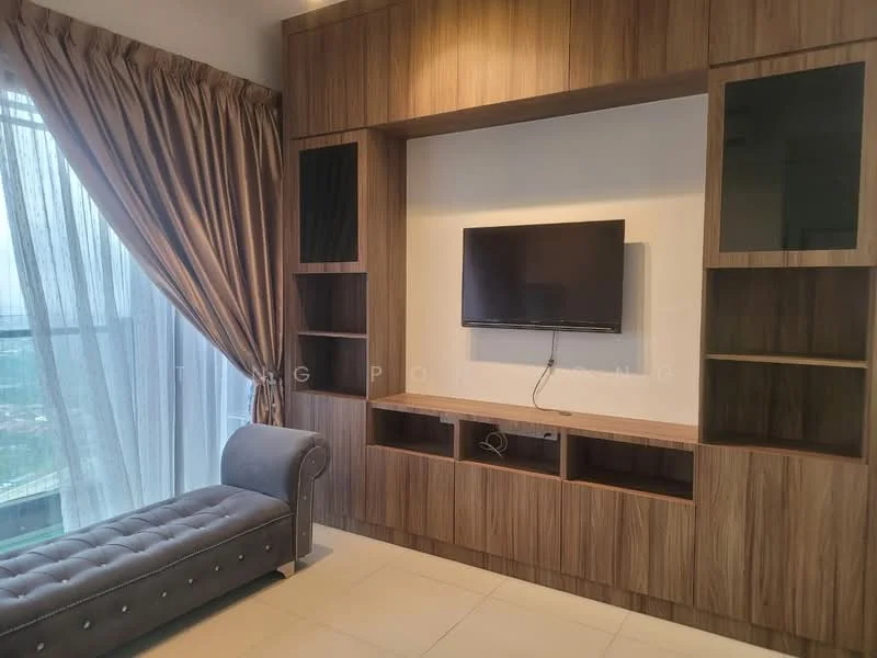Living features: grey fabric chaise lounge, wooden feature wall with built-in TV unit, wall-mounted flat-screen TV, glass display cabinets, floor-to-ceiling windows with sheer curtains, neutral tile flooring, recessed lighting, decorative wall paneling; style: modern; view: city.