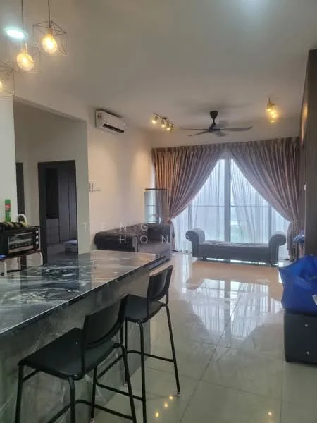 Living features: sofa in dark color, floor-to-ceiling windows, sheer curtains, recessed downlights, 5-blade ceiling fan, marble flooring, decorative wall, area rug, coffee table; style: modern; view: city. Kitchen features: kitchen island with marble countertop, black bar stools, built-in cabinets, microwave, stainless-steel sink, refrigerator, oven; style: modern.