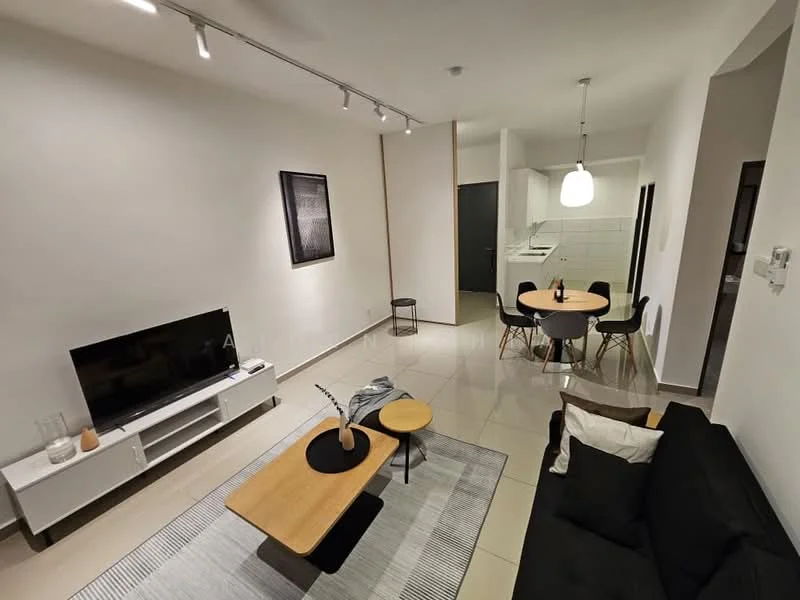 Living features: black fabric sofa, wood coffee table, white TV console, wall-mounted TV, area rug with geometric pattern, recessed lighting, wall art, tile flooring, floor-to-ceiling windows, decorative vase; style: modern. Dining features: round dining table, 4 dining chairs, pendant light above table, white cabinetry in background, tile flooring; style: modern. Kitchen features: white cabinetry, stainless-steel appliances, ceramic tile backsplash, countertop with bar seating, tile flooring; style: modern.