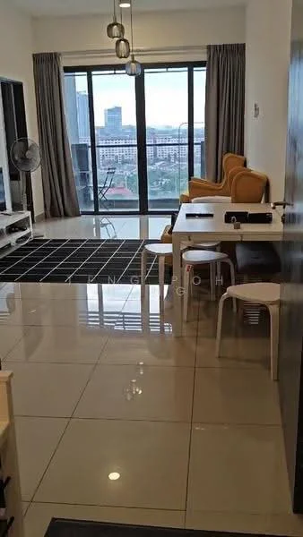 Living features: large floor-to-ceiling windows, grey curtains, yellow armchairs, white dining table, white stools, black area rug with geometric pattern, polished ceramic tile flooring, wall-mounted TV console, ceiling pendant lights, fan, city view; style: modern; view: city.