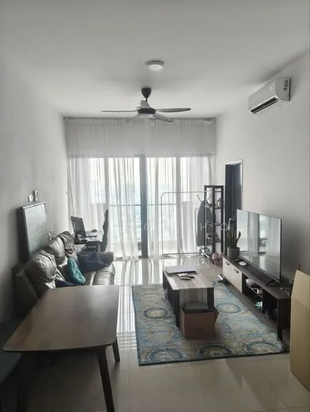 Living features: 3-seater leather sofa in brown, 2-seater fabric sofa in grey, coffee table, TV console, wall-mounted TV, area rug with geometric pattern, 5-blade ceiling fan with light, floor-to-ceiling windows, sheer curtains, potted plant, desk with chair, wooden dining table, decorative wall art; style: modern; view: city.