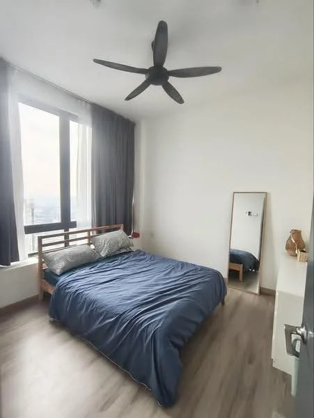 Bedroom features: king-size bed with blue bedding, wooden bed frame, floor-to-ceiling windows, black ceiling fan, mirror on the wall, wooden flooring, curtains, nightstand with decorative items; style: modern; view: city.