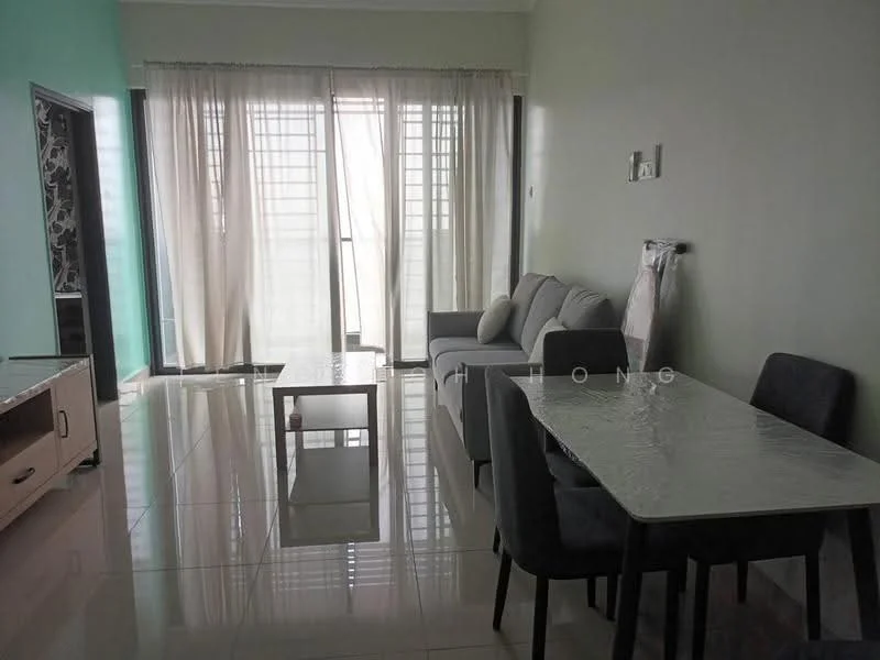 Living features: grey fabric sofa, coffee table, 4-seater dining table, grey upholstered dining chairs, large windows with sheer curtains, glossy tile flooring, light green painted walls, TV console, wall-mounted TV; style: modern.