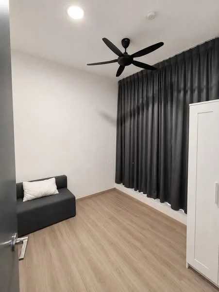 Room features: light wood laminate flooring, white painted walls, black ceiling fan, floor-to-ceiling curtains in dark grey, sofa in dark grey, white wardrobe, recessed ceiling lights; style: modern.