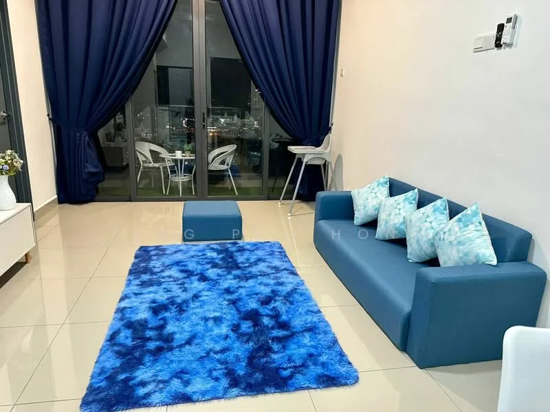 Living features: blue fabric sofa, decorative cushions in light blue, blue area rug, white dining chairs, glass dining table, floor-to-ceiling windows, blue curtains, glossy tile flooring, wall-mounted air conditioning unit; style: modern; view: city.
