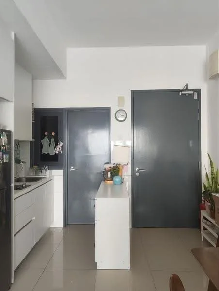 Kitchen features: white cabinetry, stainless-steel fridge, built-in oven, 4-burner gas hob, white countertop, tile backsplash, pendant light, floor-to-ceiling cabinets, grey doors, ceramic tile flooring, wall-mounted clock, indoor plants; style: modern.