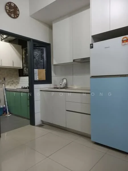 Kitchen features: white cabinetry, light blue refrigerator, stainless-steel sink, chrome faucet, ceramic tile backsplash, grey countertop, wall clock, floor tiles, built-in oven, cooking range, under-cabinet lighting; style: modern.