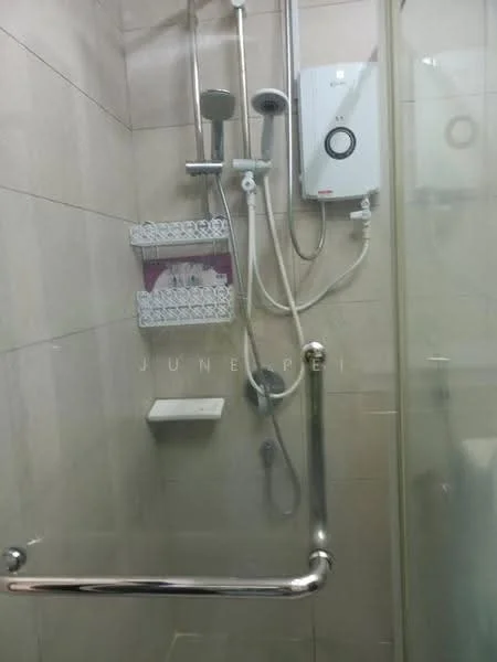 Bathroom features: walk-in shower with glass enclosure, chrome rain shower head, handheld shower, shower control panel, wall-mounted soap dish, tiled walls in neutral color, grab bar, built-in shelving, water heater unit; style: modern.
