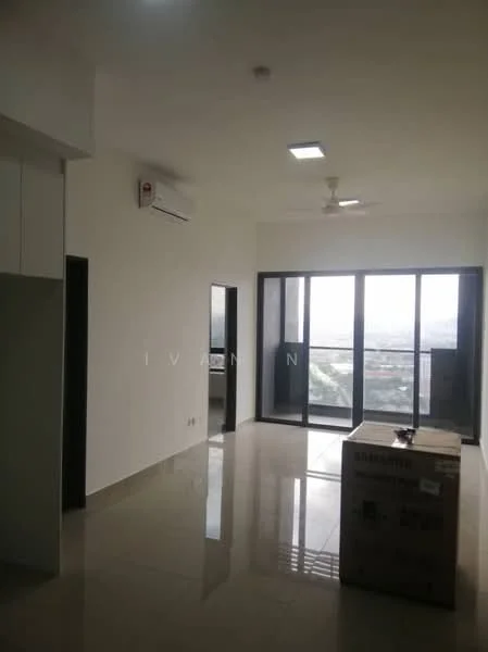 Living features: white painted walls, polished tile flooring, 5-blade ceiling fan, wall-mounted split AC, floor-to-ceiling windows, sliding glass door, city view, recessed downlights; style: modern; view: city.