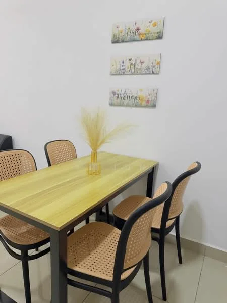 Dining features: wooden dining table with yellow finish, 4 dining chairs with woven seats, decorative vase with dried flowers, white painted walls, framed artwork on the wall, tile flooring, minimalist design; style: modern.
