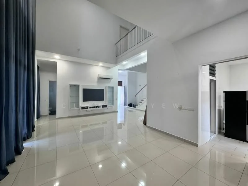 Living features: white painted walls, glossy ceramic tile flooring, high ceiling, large windows with sheer curtains, built-in TV console, wall-mounted air conditioning unit, open layout, staircase visible in background, recessed lighting; style: modern. Room features: white painted walls, glossy ceramic tile flooring, doorway leading to another room, open space.
