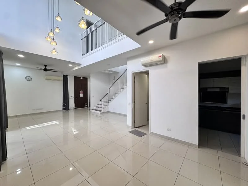 Living features: white painted walls, glossy ceramic tile flooring, 5-blade ceiling fan with light, recessed downlights, large windows with sheer curtains, open layout, staircase leading to upper floor, wall-mounted air conditioning unit, clock on wall, decorative pendant lights; style: modern. Kitchen features: dark cabinetry, countertop, open layout to living area; style: modern.