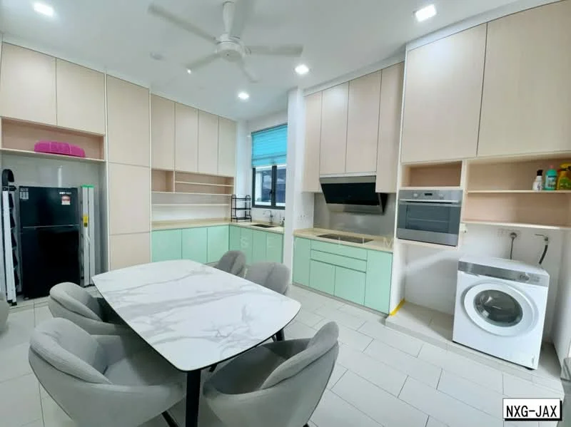 Kitchen features: light green cabinetry, white marble dining table, 4 upholstered dining chairs, built-in oven, built-in microwave, stainless-steel sink, chrome pull-down faucet, white tiled backsplash, refrigerator, washing machine, ceiling fan, white tiled flooring, window with blinds; style: modern.