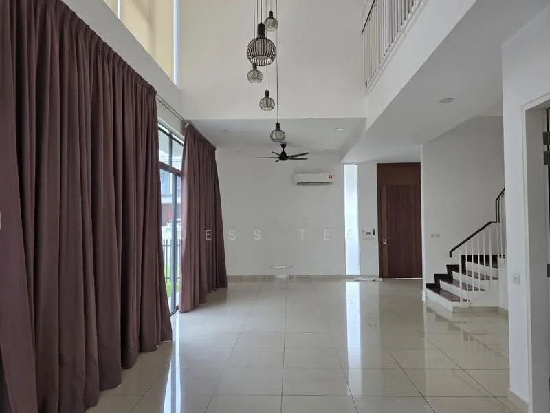 Living features: large floor-to-ceiling windows, cream painted walls, white ceiling, 5-blade ceiling fan with light, recessed downlights, light-colored tile flooring, curtains in dark brown, open space layout, staircase with wooden railing, air conditioning unit on wall, entrance door visible; style: modern; view: garden.