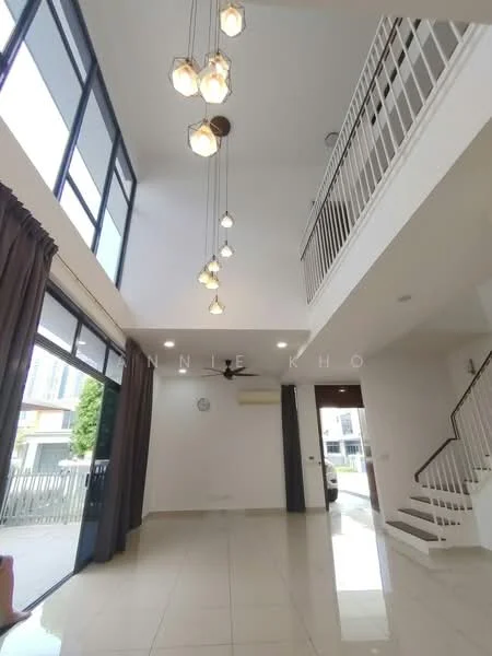 Living features: large floor-to-ceiling windows, white painted walls, high ceiling, hanging pendant lights, 5-blade ceiling fan, cream tiled flooring, curtains in dark brown, air conditioning unit on wall, staircase with white railing, open layout, wall clock; style: modern; view: garden.