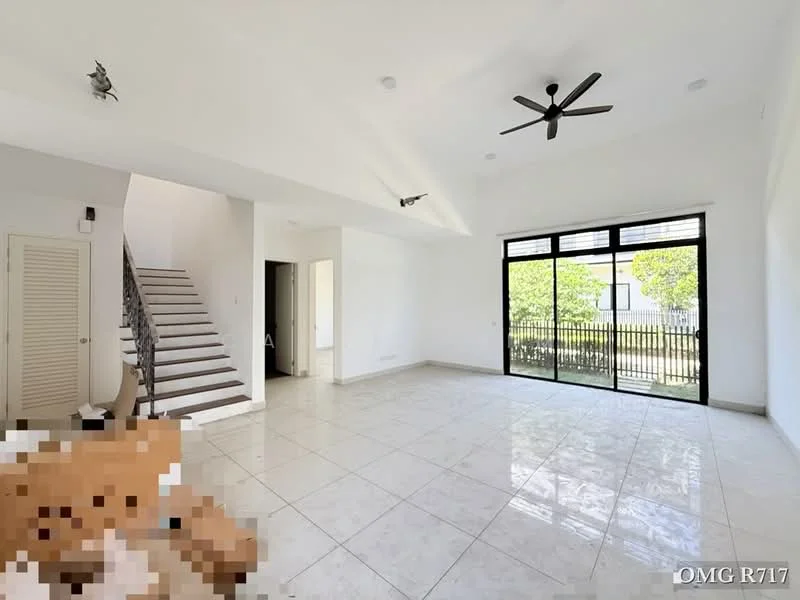 Living features: white painted walls, marble tile flooring, 5-blade ceiling fan, floor-to-ceiling windows, sliding glass door, natural light, staircase with wooden steps, black railing, open layout, view of garden; style: modern; view: garden.