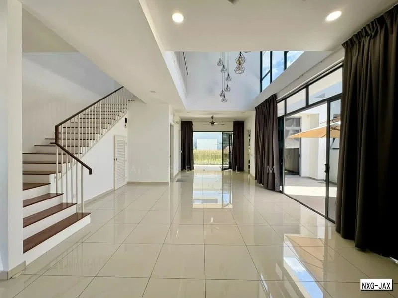 Living features: white painted walls, glossy tile flooring, 5-blade ceiling fan with light, large floor-to-ceiling windows, sliding glass door, blackout curtains, recessed downlights, open layout, staircase with wooden steps and white railing, natural light from windows, high ceiling, decorative pendant lights; style: modern; view: garden.