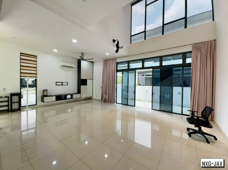 Living features: large floor-to-ceiling windows, sliding glass door, cream painted walls, polished ceramic tile flooring, 5-blade ceiling fan with light, wall-mounted TV console, built-in cabinetry, curtains, natural light from windows, open layout, air conditioning unit; style: modern; view: garden.