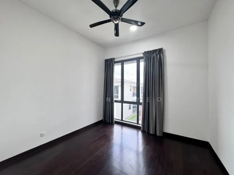 Bedroom features: dark wood flooring, white painted walls, 5-blade ceiling fan with light, floor-to-ceiling windows, grey curtains, natural light from window; style: modern; view: garden.