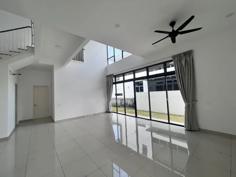 Living features: large floor-to-ceiling windows, white painted walls, glossy ceramic tile flooring, 5-blade ceiling fan, curtains, open layout, natural light, view of outdoor space; style: modern; view: garden.