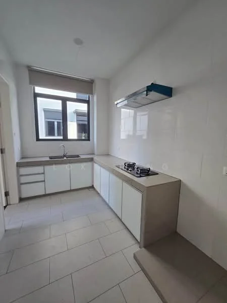 Kitchen features: white cabinetry, grey countertop, built-in gas hob with 2 burners, stainless-steel sink, single-bowl sink, wall-mounted range hood, large window for natural light, tile flooring, light-colored wall tiles, under-cabinet lighting; style: modern.