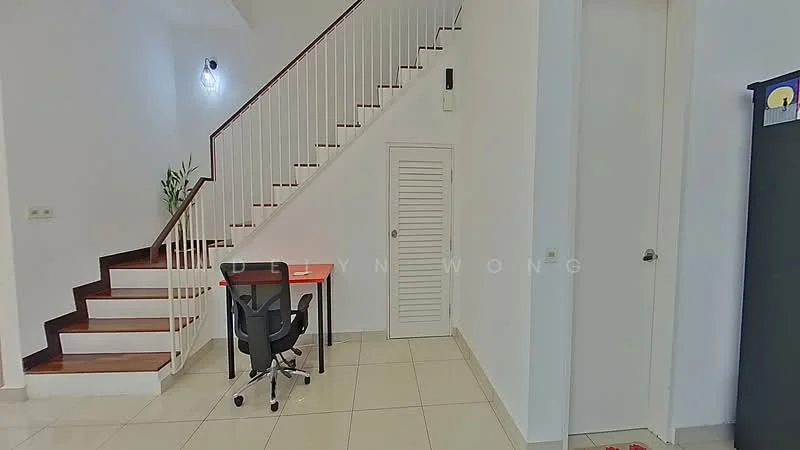 Room features: staircase with wooden steps and white railing, white painted walls, tile flooring, small desk with black chair, built-in closet with louvered doors, plant in corner, light fixture on ceiling; style: modern.