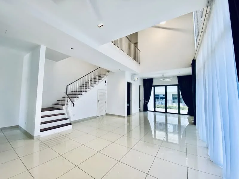 Living features: white painted walls, glossy tile flooring, double-height ceiling, floor-to-ceiling windows, sliding glass door, blackout curtains, ceiling fan, staircase with wooden steps, metal railing, natural light, open layout; style: modern; view: garden.