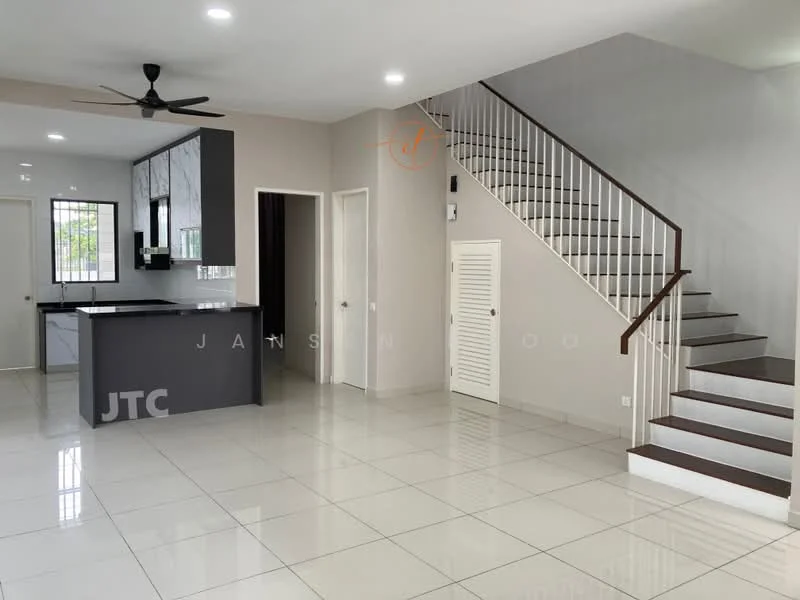 Living features: white painted walls, glossy ceramic tile flooring, 5-blade ceiling fan with light, large windows with security bars, open layout to kitchen, staircase with wooden steps, built-in storage cabinet, neutral color scheme; style: modern. Kitchen features: grey cabinetry, white countertop, stainless-steel sink, built-in oven, refrigerator space, open layout to living area; style: modern.