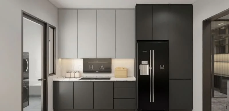 Kitchen features: black stainless-steel fridge, built-in oven, 4-burner gas hob, white quartz countertop, grey cabinetry, light grey upper cabinets, dark grey lower cabinets, single-bowl stainless-steel sink, chrome pull-down faucet, tile backsplash, recessed downlights, floor-to-ceiling windows, laundry area with washer and dryer; style: modern.