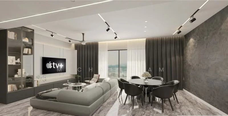 Living features: grey sectional sofa, round dining table, black dining chairs, TV mounted on wall, built-in shelving unit, floor-to-ceiling windows, curtains, recessed downlights, track lighting, marble flooring, decorative wall with textured finish, ceiling fan; style: modern; view: city.