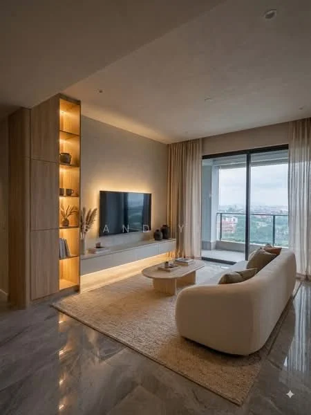 Living features: sofa in cream fabric, round coffee table, area rug with natural fibers, wall-mounted TV, built-in wooden shelving unit with lighting, floor-to-ceiling windows, sheer curtains, marble flooring, decorative plant, neutral wall color, recessed lighting; style: modern; view: city.