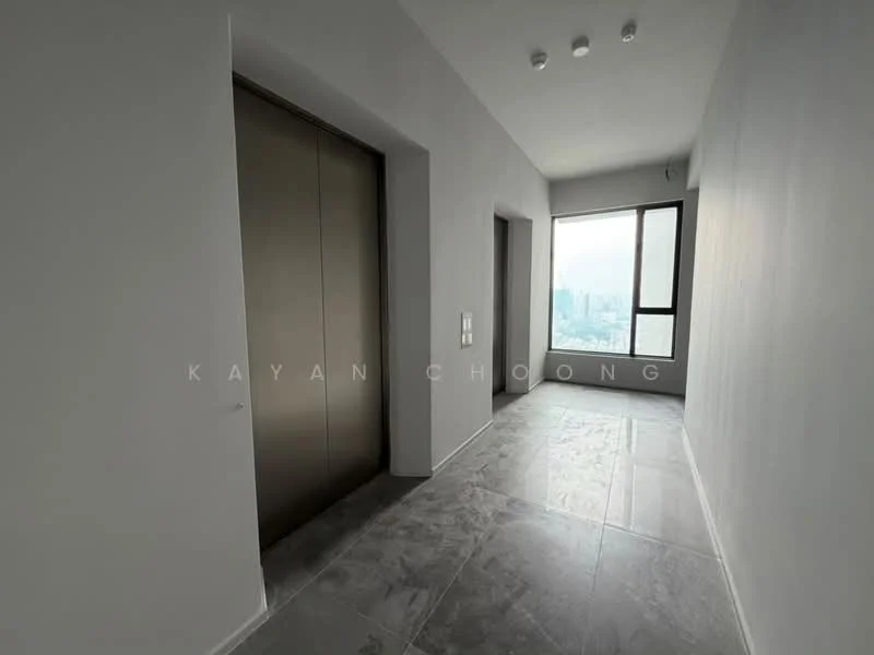 Room features: grey tile flooring, white painted walls, elevator access, large window with city view, recessed ceiling lights, corner window, light switch panels; style: modern; view: city.