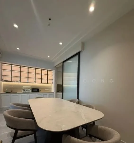 Dining features: marble dining table, upholstered dining chairs, white painted walls, recessed downlights, glass sliding door, open kitchen view, built-in cabinetry, countertop with under-cabinet lighting; style: modern; view: kitchen.