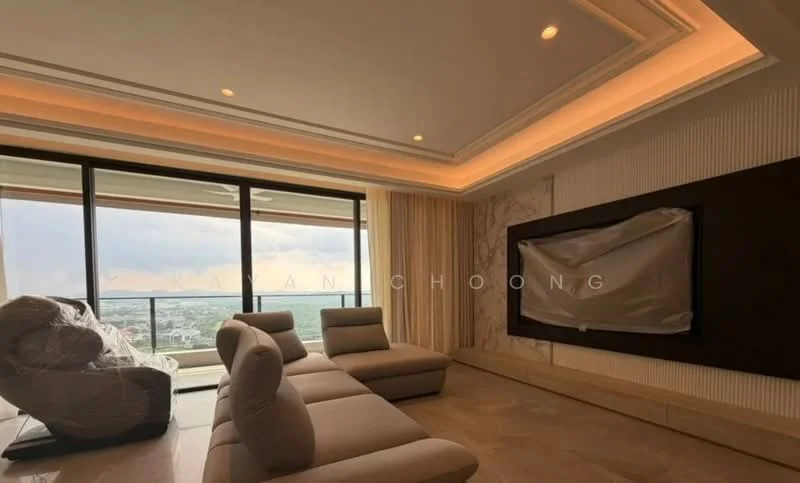 Living features: large floor-to-ceiling windows, city view, light-colored walls, recessed ceiling lights, sofa sectional in light beige, wall-mounted TV, decorative wall panel, marble flooring, sheer curtains, crown moulding; style: modern.