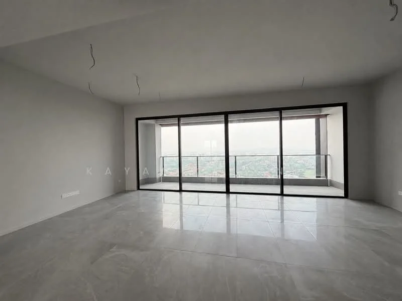 Room features: grey tiled flooring, white painted walls, floor-to-ceiling windows, balcony with glass railing, city view, recessed ceiling lights, no visible furniture, open layout; style: modern; view: city.