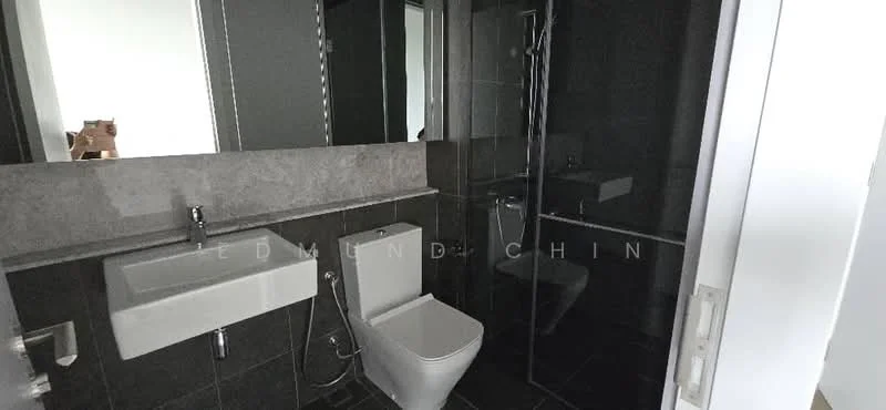Bathroom features: black tile flooring, grey wall tiles, single-sink vanity with wall-mounted faucet, framed mirror, one-piece toilet, walk-in shower with glass enclosure, chrome shower head, chrome towel rail, recessed lighting; style: modern.