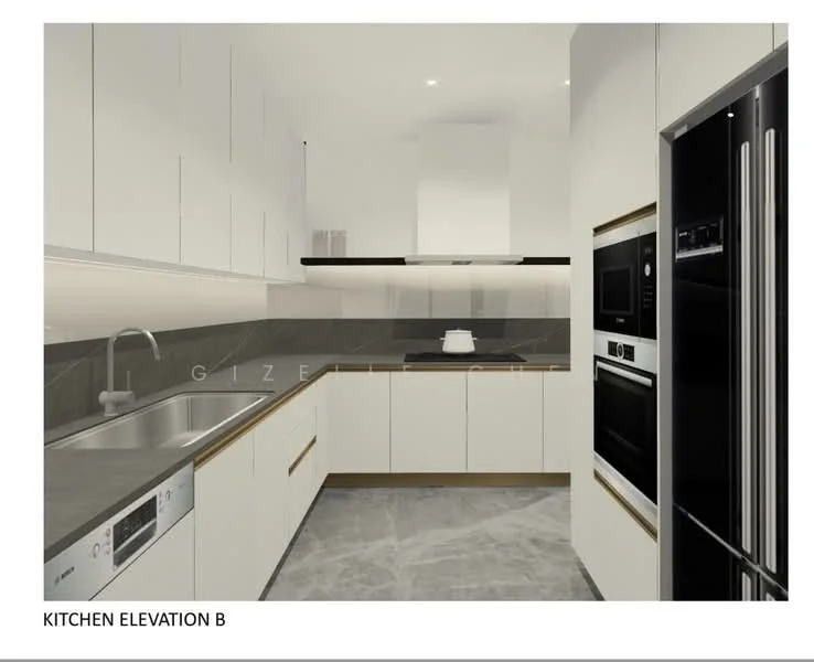 Kitchen features: white cabinetry with gold handles, grey stone countertop, stainless-steel single-bowl sink, chrome pull-down faucet, built-in oven, built-in microwave, stainless-steel refrigerator, ceramic tile flooring, recessed downlights, wall-mounted range hood, grey backsplash, open shelving, integrated dishwasher; style: modern.