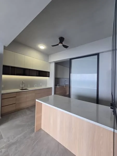 Kitchen features: light wood cabinetry, white quartz countertop, stainless-steel sink, chrome pull-down faucet, built-in oven, freestanding range oven, recessed LED downlights, 5-blade ceiling fan, grey tile flooring, glass sliding door, open layout, pantry space; style: modern; view: city.