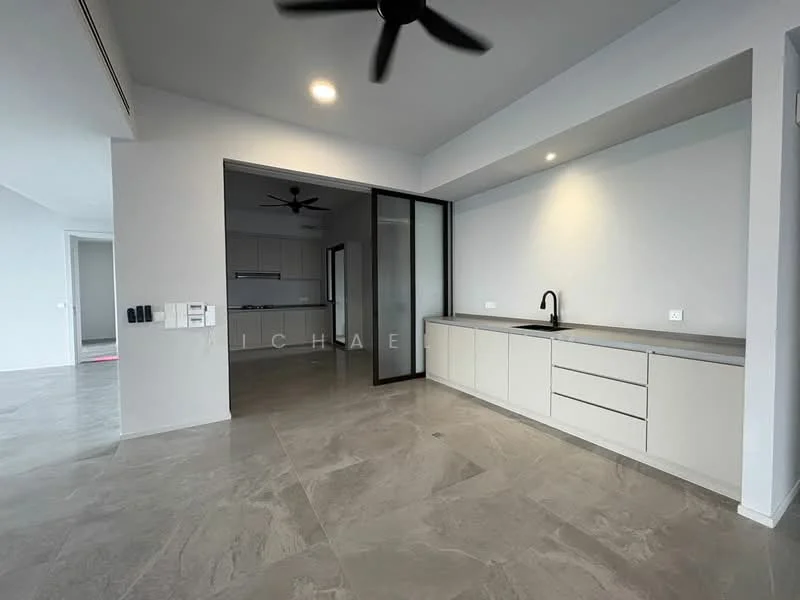 Kitchen features: grey cabinetry, single-bowl stainless-steel sink, chrome pull-down faucet, grey countertop, wall-mounted cabinets, recessed downlights, 5-blade ceiling fan, open layout, large windows, tile flooring; style: modern. Room features: grey tile flooring, 5-blade ceiling fan, open layout, large windows.