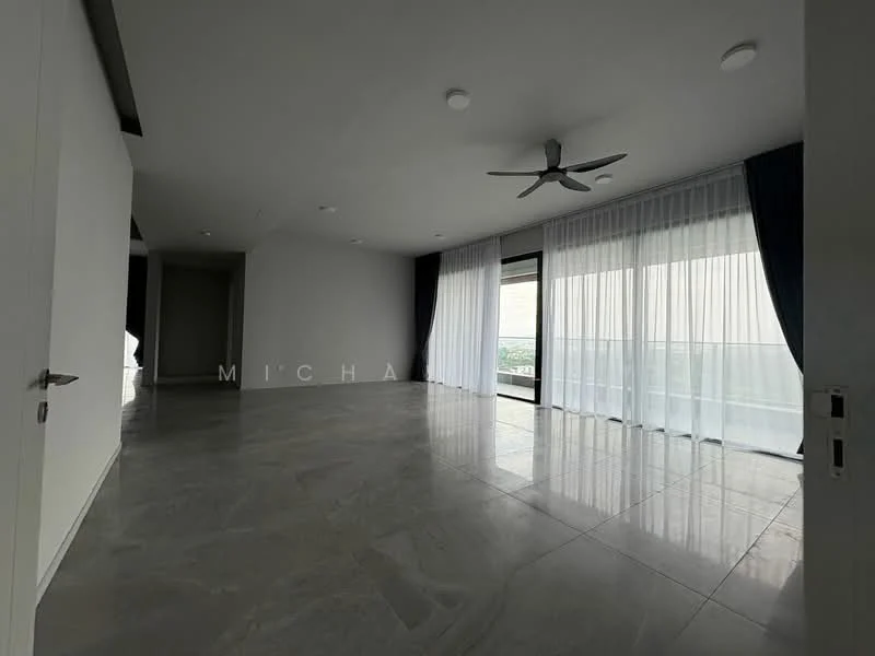 Living features: large floor-to-ceiling windows, grey marble tile flooring, 5-blade ceiling fan with light, sheer curtains, dark blue curtains, open layout, neutral painted walls, recessed downlights; style: modern; view: city.