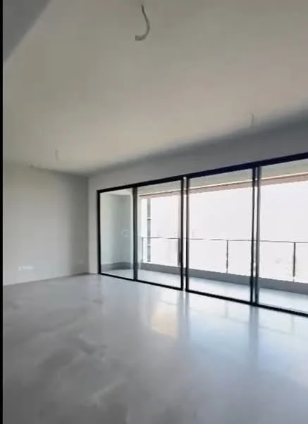 Room features: grey polished concrete flooring, white painted walls, floor-to-ceiling windows, black framed sliding doors, natural light from large windows, open layout, minimalist design, no visible ceiling fixtures; style: modern; view: city.