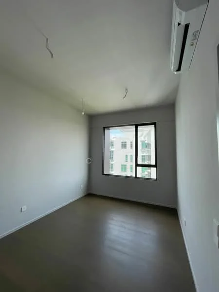 Room features: white painted walls, laminate flooring, 1 wall-mounted split AC, large window, ceiling lights, neutral color scheme; style: modern; view: city.