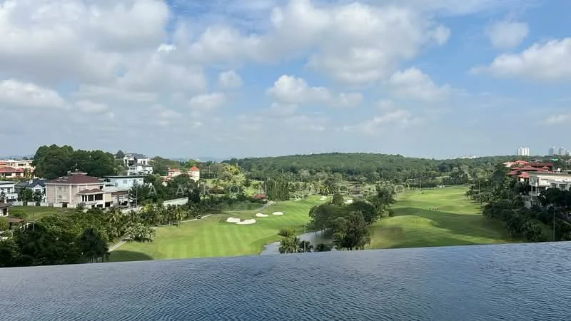 Exterior features: infinity edge pool, golf course view, lush greenery, manicured lawns, surrounding residential properties, blue sky with clouds; style: modern.