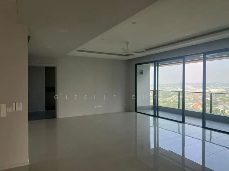 Living features: large floor-to-ceiling windows, grey painted walls, white ceiling, recessed downlights, 5-blade ceiling fan, polished tile flooring, open layout, city view; style: modern; view: city.