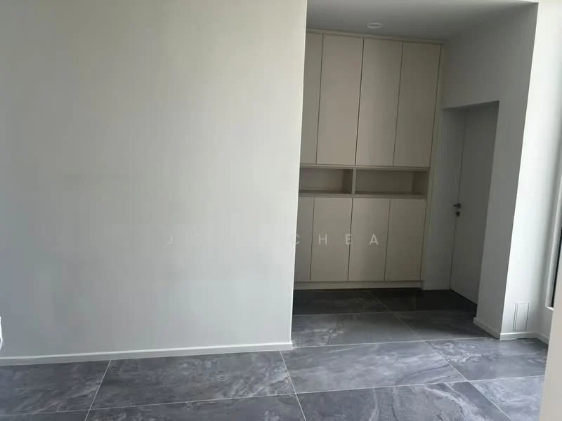 Room features: grey tile flooring, white painted walls, built-in cabinetry, minimalist design, large windows, natural light, open layout; style: modern.