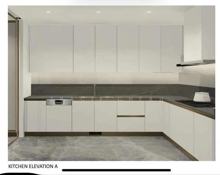 Kitchen features: white cabinetry with flat-panel doors, grey stone countertop, built-in dishwasher, stainless-steel sink, chrome faucet, ceramic tile backsplash, integrated oven, induction cooktop, recessed downlights, polished concrete flooring; style: modern.