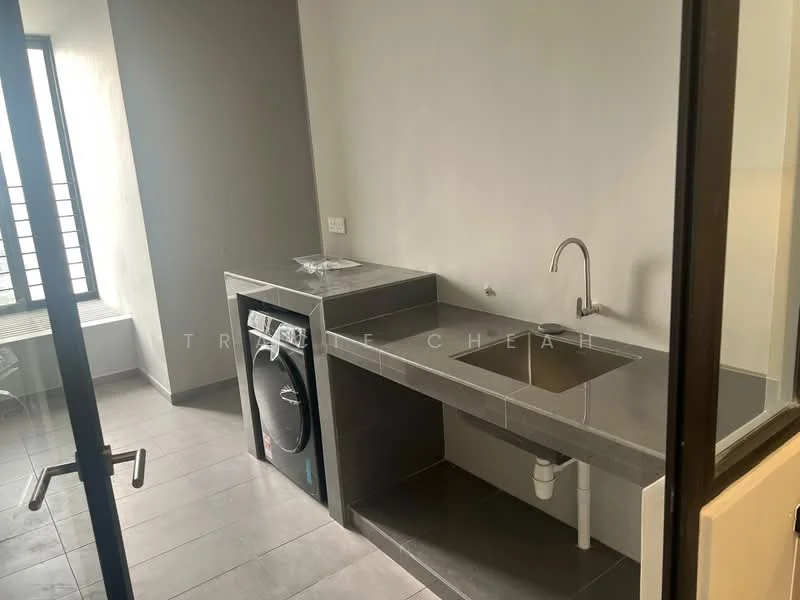 Laundry features: grey stone countertop, single-bowl stainless-steel sink, chrome pull-down faucet, built-in washing machine, grey cabinetry, tile flooring, window with horizontal bars, white walls; style: modern.