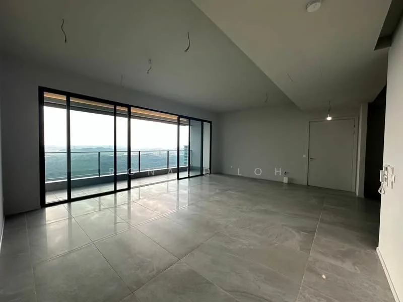Living features: large floor-to-ceiling windows, sliding glass door, grey porcelain tile flooring, smooth painted walls, recessed downlights, open layout, balcony access, city view; style: modern; view: city.